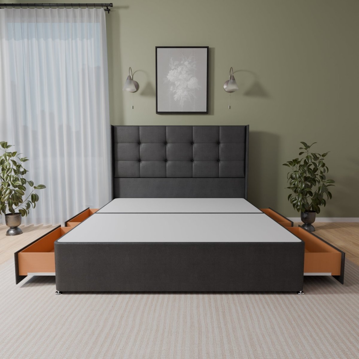 Atlanta Winged Floor Standing Headboard With Divan Bed Base - Divan Base & Headboard - Midas Beds