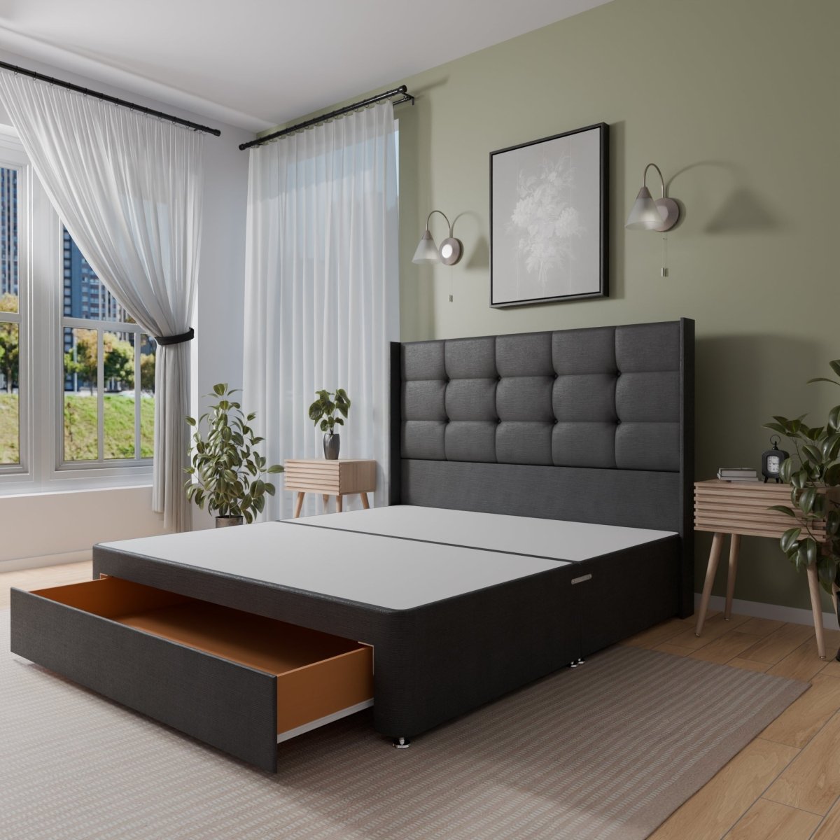 Atlanta Winged Floor Standing Headboard With Divan Bed Base - Divan Base & Headboard - Midas Beds