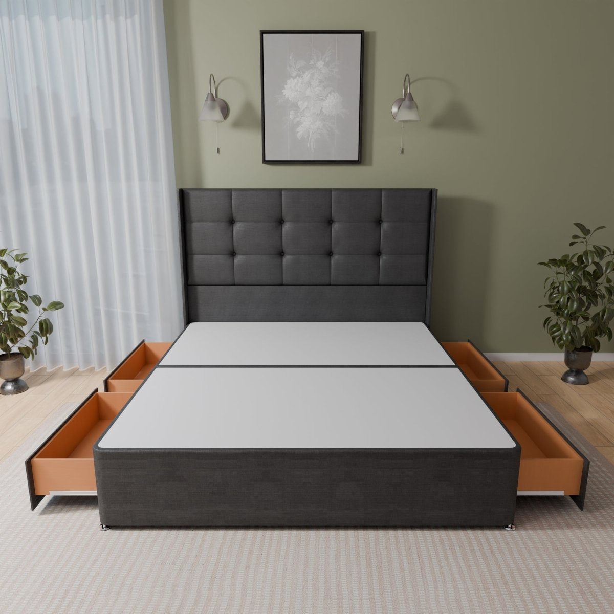 Atlanta Winged Floor Standing Headboard With Divan Bed Base - Divan Base & Headboard - Midas Beds
