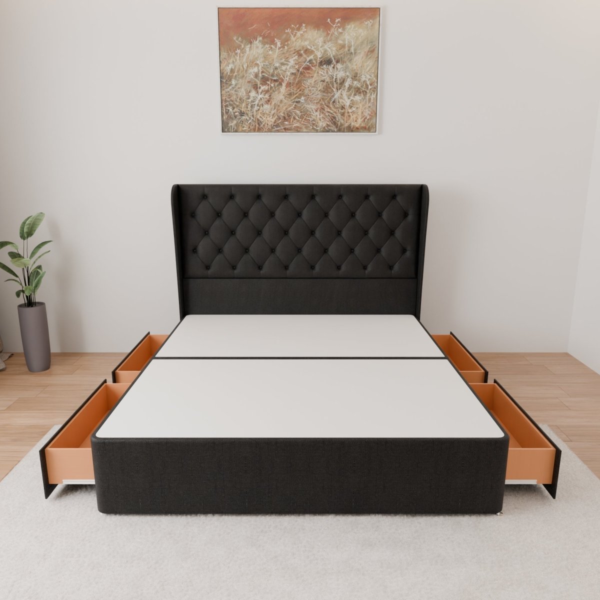 Manhattan Winged Floor Standing Headboard With Divan Bed Base - Divan Base & Headboard - Midas Beds