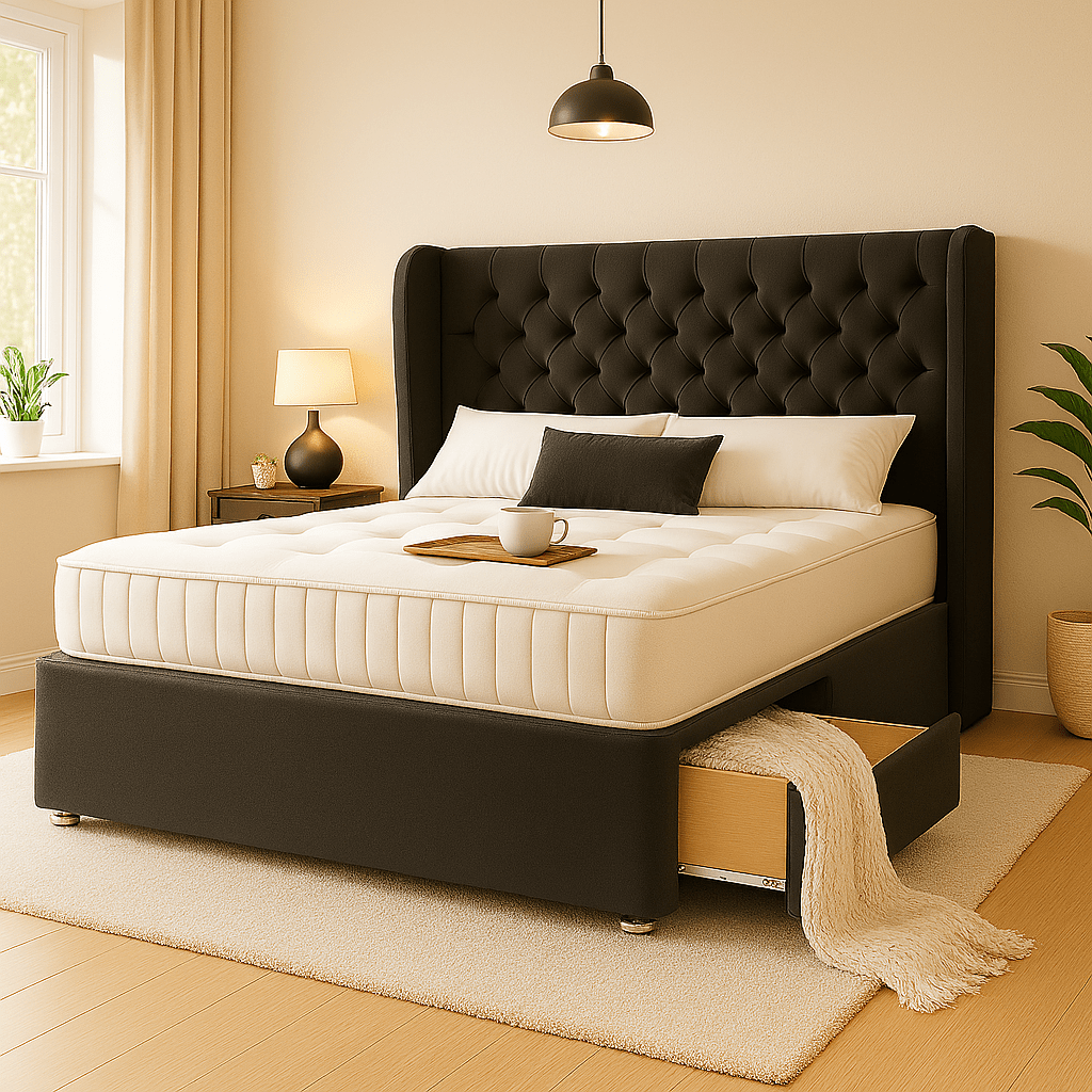 Manhattan Winged Floor Standing Upholstered Divan Bed - Divan Beds with Headboard - Midas Beds
