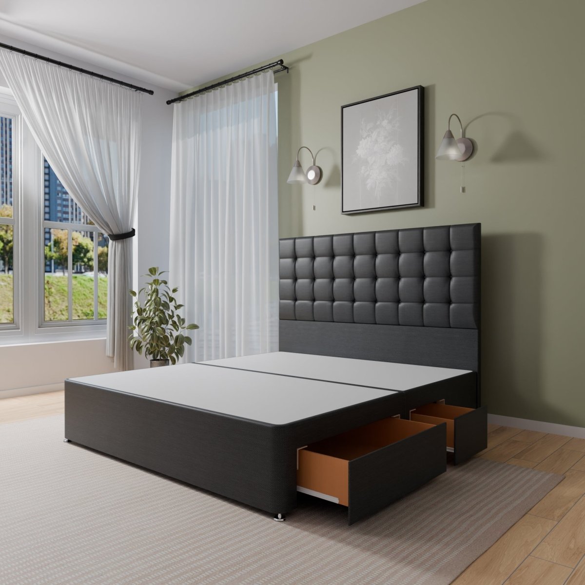 Prague Floor Standing Headboard With Divan Bed Base - Divan Base & Headboard - Midas Beds